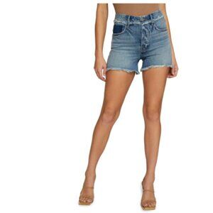 GOOD AMERICAN High Waist Distressed Bombshell Denim Shorts Raw Hem 2/26 NWT